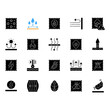 Different types of fabric feature black glyph icons set on white space. Fiber characteristics. Textile industry. Quality features of clothing. Silhouette symbols. Vector isolated illustration
