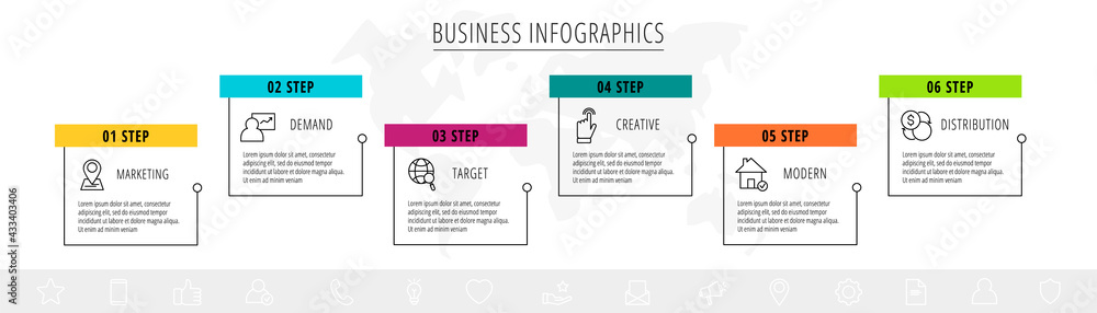 Vector line infographic template label for six colorful rectangle ...