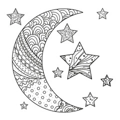 Wall Mural - Zentangle moon and star with abstract patterns on isolation background. Design for spiritual relaxation for adults. Line art creation. Black and white illustration for anti stress colouring page. 
