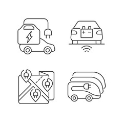 Poster - Electric vehicle charging linear icons set. Charging time of electromobiles. Money spent for electricity. Customizable thin line contour symbols. Isolated vector outline illustrations. Editable stroke