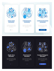 Types of genetic disorders onboarding mobile app page screen with concepts. Medical care walkthrough 3 steps graphic instructions. UI, UX, GUI vector template with linear night, day mode illustrations