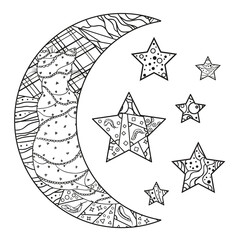 Wall Mural - Moon and stars with abstract patterns on isolation background. Design for spiritual relaxation for adults. Line creation. Black and white illustration for anti stress colouring page. Print for t-shirt