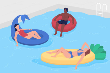 Wall Mural - having fun with friends in swimming pool flat color vector illustration. inflatable floaters. recrea