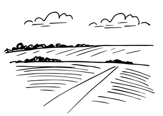 Rural landscape, plowed field, trees, road, bushes on the horizon. Simple hand-drawn vector drawing in black outline. Farm harvest, sowing.