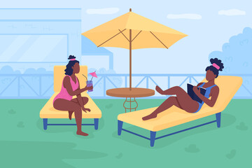 Wall Mural - backyard leisure for friends flat color vector illustration. beach activities alternative. girlfrien