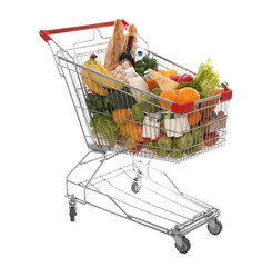 Shopping cart full of groceries on white background