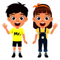 Wall Mural - Happy cute kid boy and girl characters wearing beautiful outfit holding hands together and waving posing cheerful expression