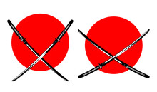 Two Japanese Katana Swords With Crossed Blades Against Red Sun Circle - Traditional Samurai Warrior Weapon Black And White Vector Design Set