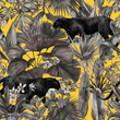 Tropical leaves, panther and orchid. Seamless vintage pattern. Wallpapers with tropical flowers and leaves