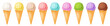 Ice cream collection.Set of different colorful scoops and waffle cone.Sweet summer frozen dessert vector illustration.Gelato in various flavors:vanilla, strawberry, chocolate for wallpaper, background