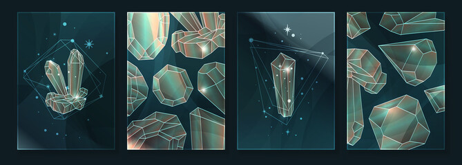 Wall Mural - Abstract contemporary art with crystal and gem geometry shapes. Esoteric mystical celestial sacred wall art with jewel stone. Wall decor painting. Minimalistic background design. Vector illustration.