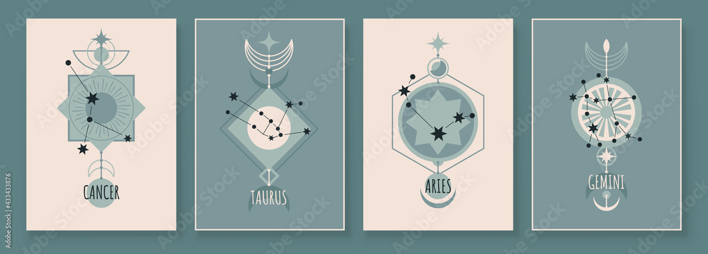 Abstract art with zodiac celestial sign and constellation. Cancer as crab, Taurus as Bull, Aries as Ram, Gemini as Twins. Wall art in vintage style. Minimalistic background design. Vector illustration - obrazy, fototapety, plakaty 