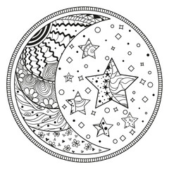 Wall Mural - Mandala. Moon and star with abstract patterns. Hand drawn circle zendala with abstract patterns on isolation background. Design for spiritual relaxation. Black and white illustration for coloring.
