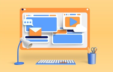 Computer screen with web windows, social media and digital communication symbols. 3d render vector illustration. Office desk render, computer, keyboard, lamp. Online search
