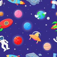 Wall Mural - astronaut with rocket and alien in the open space
