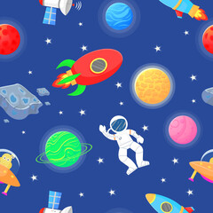 Wall Mural - cosmic fabric for kids. astronaut with rocket and