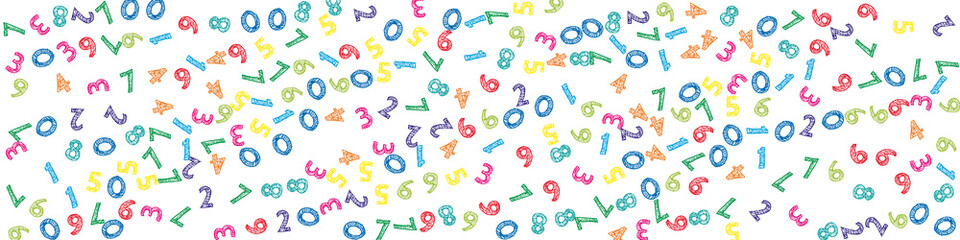 Falling colorful sketch numbers. Math study concept with flying digits. Great back to school mathematics banner on white background. Falling numbers vector illustration.