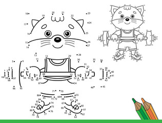 Sticker - Puzzle Game for kids: numbers game. Coloring Page Outline Of Cartoon cat with barbell. Sport. Coloring Book for children.