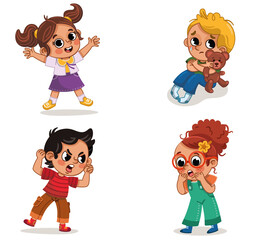 Wall Mural - Set, group of four children, kids in different emotions and characters. Happy, angry, sad, surprised.
