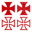 Maltese cross vector shape symbol set. Christianity sign. Grunge texture. Christian religion icon. Catholic and protestant faith logo or image. Teutonic crusader label. Gothic crusade crucifix.