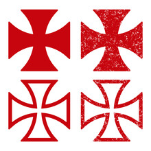 Maltese Cross Vector Shape Symbol Set. Christianity Sign. Grunge Texture. Christian Religion Icon. Catholic And Protestant Faith Logo Or Image. Teutonic Crusader Label. Gothic Crusade Crucifix.