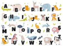 Animal Alphabet In Scandinavian Style. Cute Elephant, Fox, Bear, Unicorn. Hand Drawn Cartoon Animals With Letters For Kids Education Vector Set. Latin Or English Language For Children