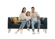 © New Africa - Happy family resting on comfortable green sofa against white background