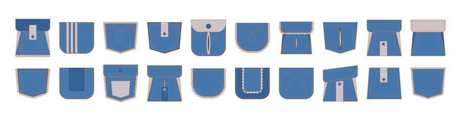light blue jeans patch pocket set with pink frill. casual fashion denim and ruffle sign. beige stitc