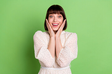 Sticker - Photo of young excited girl happy positive smile hands touch cheeks surprised isolated over green color background