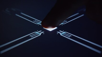 Slow motion human finger turns on touch screen button and activates futuristic artificial intelligence. Biometrics, visualization, screen, lines, e commerce, science. Close up