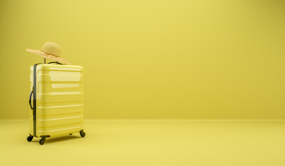 Poster - Yellow travel suitcase with a straw hat on a yellow background. 3D rendering illustration.