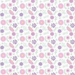  Vector floral pattern in doodle style with flowers and leaves. Gentle, spring floral background. Cute childish print. Vector illustration in Scandinavian decorative style.
