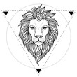 Ornate lion head over sacred geometry. African, Indian, totem, tattoo, sticker design. Design of t-shirt, bag and poster. Vector isolated illustration in black and white colors. Zodiac sign Leo.