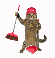 Wall Mural - A beige cat in a red cap holds a broom and a dustpan. White background. Isolated.