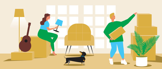 Apartment moving of a young couple, flat vector stock illustration with packaging, unboxing of things, guitars, plants in a room in a new home