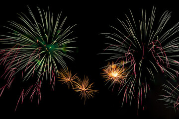 Poster - Bright festive fireworks against the night sky. Firework Fiery flowers during the holiday.