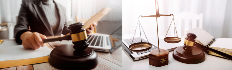 justice and law concept.Male judge in a courtroom on wooden table and Counselor or Male lawyer working in office. Legal law, advice and justice concept.