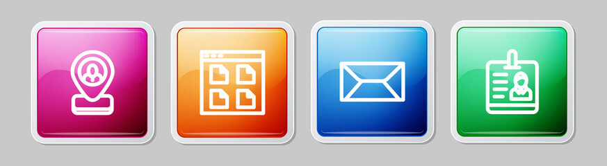 Sticker - Set line Worker location, Browser files, Envelope and Identification badge. Colorful square button. Vector