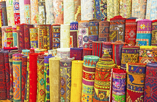 The range of carpets in Antalya market, Turkey