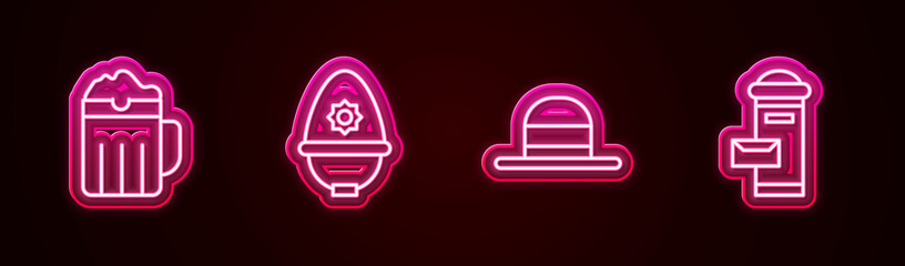 Poster - Set line Wooden beer mug, British police helmet, Elegant women hat and London mail box. Glowing neon icon. Vector