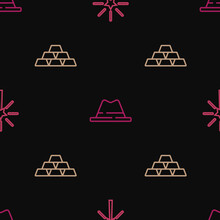 Set Line Firework, Gold Bars And Man Hat With Ribbon On Seamless Pattern. Vector