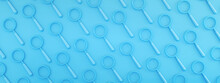Magnifying Glass Pattern On Light Blue Background, 3d Render, Panoramic Image