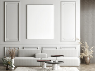 Wall Mural - Empty white canvas on the gray wall, living room concept with home decoration, 3d render, 3d illustration.