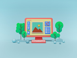 Photo Editing Software on computer monitor. minimal abstract background. 3d rendering
