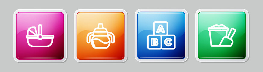 Sticker - Set line Baby stroller, bottle, ABC blocks and Sand in bucket with shovel. Colorful square button. Vector