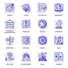 Fototapete - Business Strategy web flat line icons set. Pack outline pictogram of goal achievement, management, development, career at company concept. Vector illustration of symbols for website mobile app design
