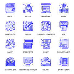 Aufkleber - Money web flat line icons set. Pack outline pictogram of money flow, currency, credit card, payment, cash, charity, savings concept. Vector illustration of symbols for website mobile app design