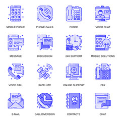 Leinwandbilder - Communication web flat line icons set. Pack outline pictogram of phone calls, video chat, message, 24h support, online connection concept. Vector illustration of symbols for website mobile app design