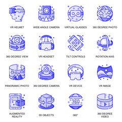 Poster - Virtual Reality web flat line icons set. Pack outline pictogram of VR helmet, 360 degree view, panoramic device, 3d objects concept. Vector illustration of symbols for website mobile app design