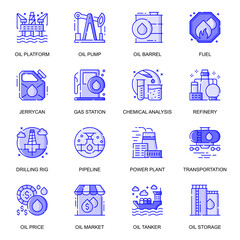 Aufkleber - Oil Industry web flat line icons set. Pack outline pictogram of platform, barrel, chemical analysis, pipeline, storage, factory concept. Vector illustration of symbols for website mobile app design